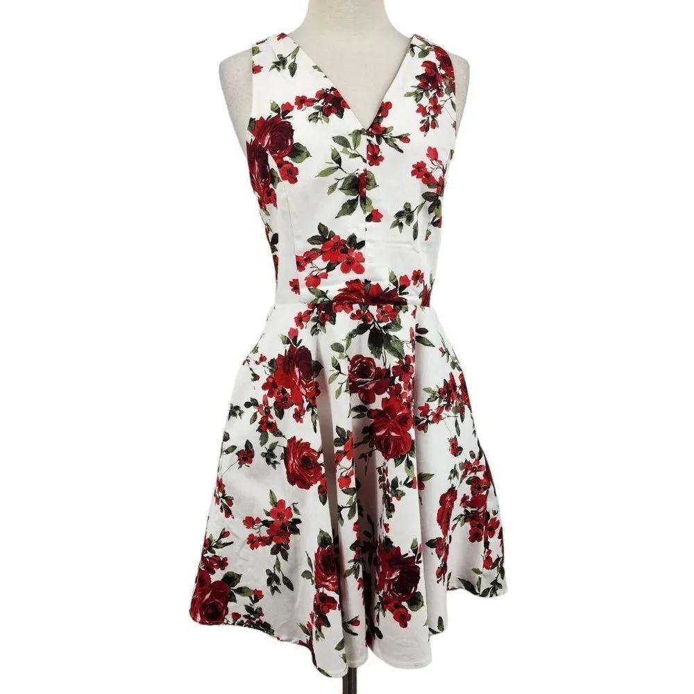 Eva Rose White And Red Rose Floral Fit And‎ Flare Pinup Back-Tie Dress Size M